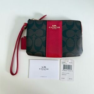Coach Black Signature Canvas Wristlet with Red Center Stripe